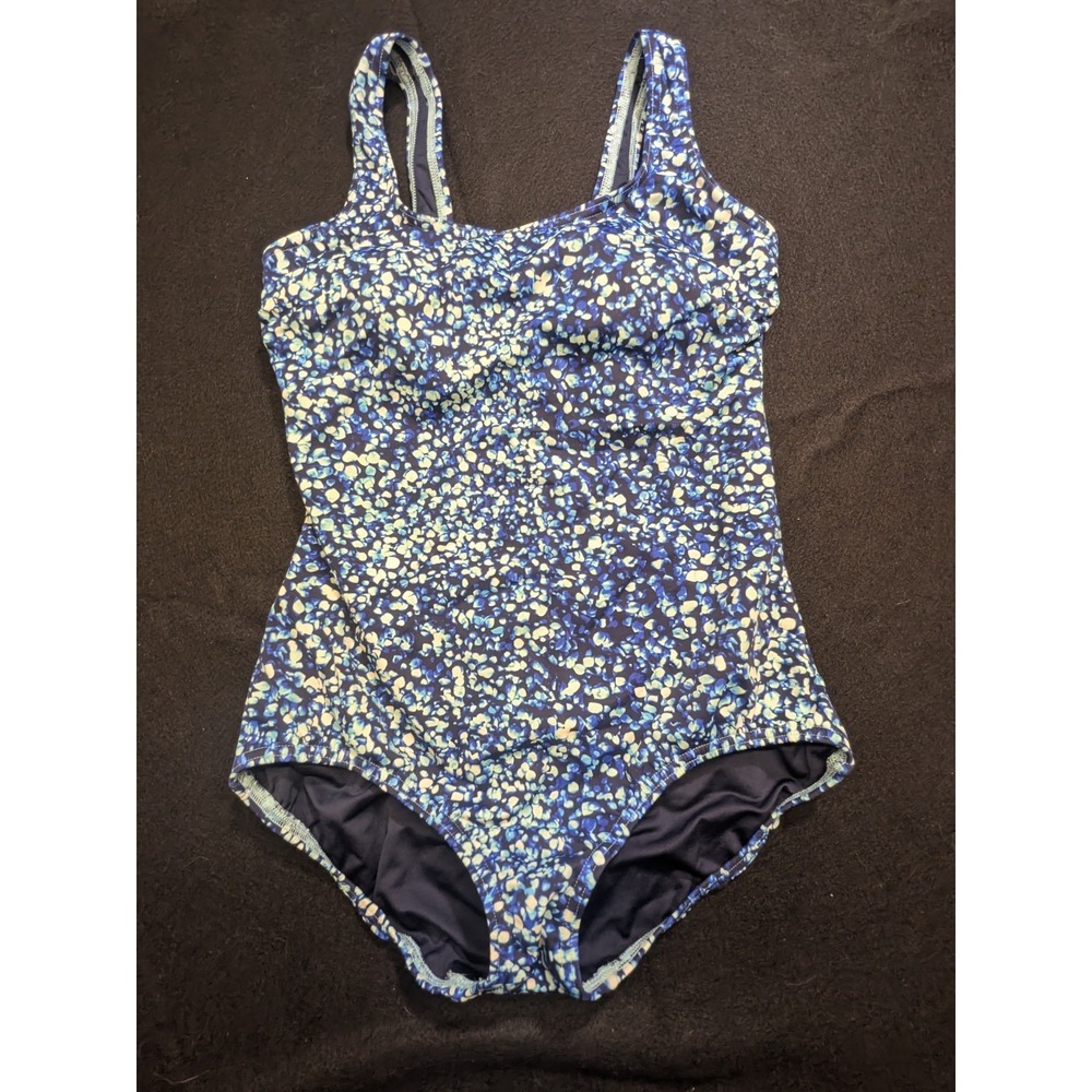 Lands' End One Piece Swimsuit Womens 10 Blue Floral Modest Tummy Control